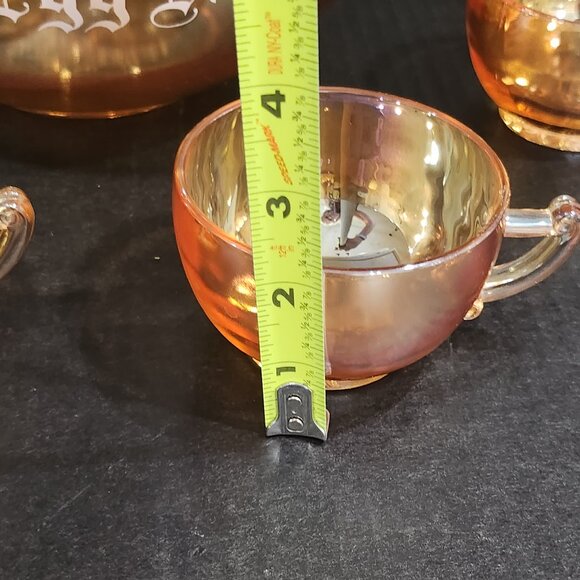 Jeanette Glass Peach/Gold Luster "Egg Nog" Punch Bowl With 6 Cups Carnival Glass - Picture 12 of 12